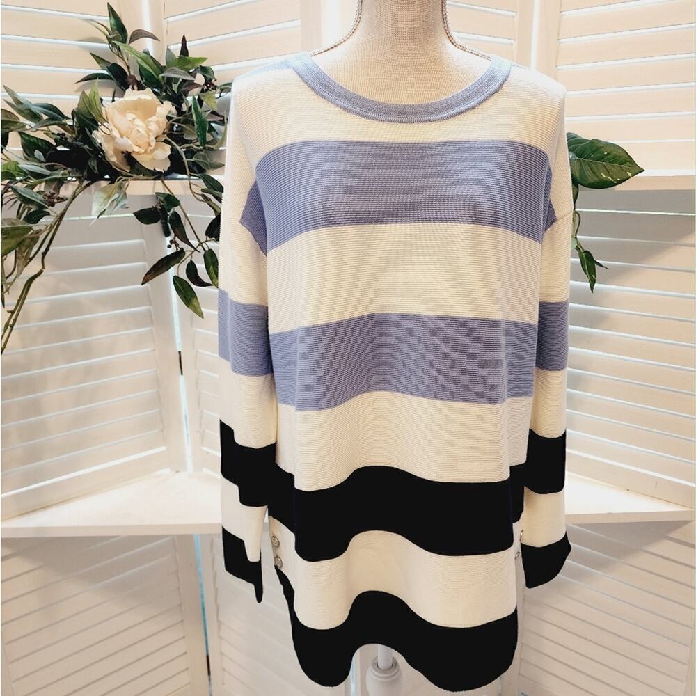 TALBOTS MULTI BLUE STRIPE SWEATER WITH BUTTON SIDE ACCENT SIZE XLP
